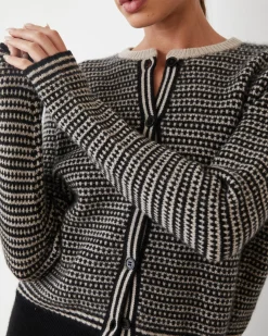 MONROW Cashmere Cardigan CHALK/BLACKSTRIPE Best Sale